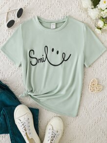 SHEIN Tween Girls' Summer Casual Letter And Cartoon Printed T-Shirt - Mint Green - View 1