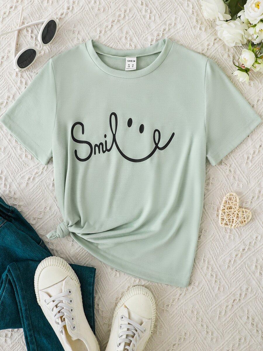 SHEIN Tween Girls' Summer Casual Letter And Cartoon Printed T-Shirt - Mint Green - View 1