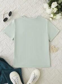 SHEIN Tween Girls' Summer Casual Letter And Cartoon Printed T-Shirt - Mint Green - View 2