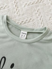 SHEIN Tween Girls' Summer Casual Letter And Cartoon Printed T-Shirt - Mint Green - View 5