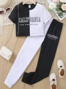 SHEIN Girls Two Tone Letter Graphic Tee & Joggers - Black and White - View 1