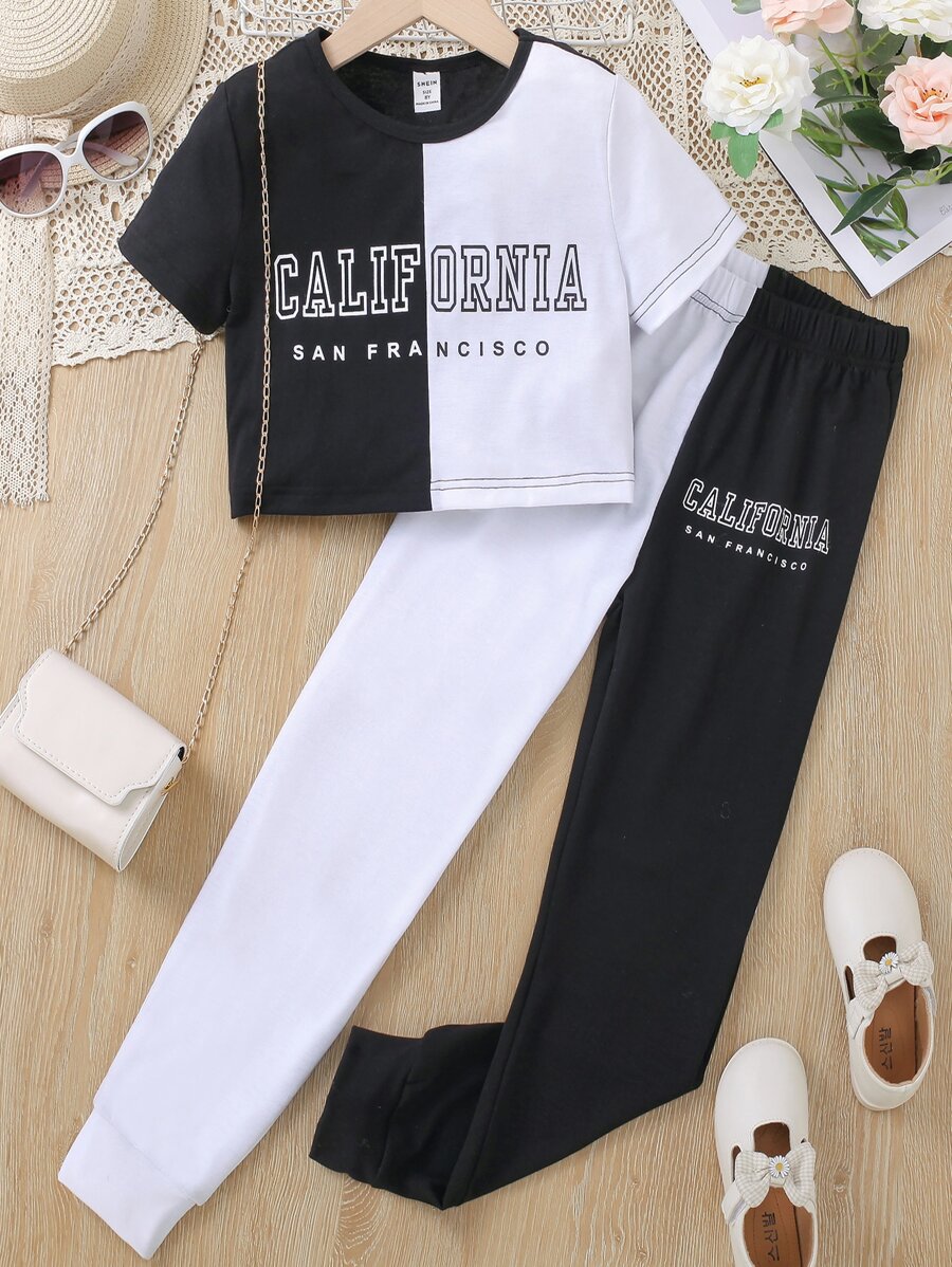 SHEIN Girls Two Tone Letter Graphic Tee & Joggers - Black and White - View 1