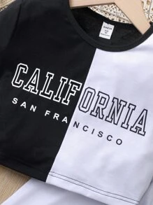 SHEIN Girls Two Tone Letter Graphic Tee & Joggers - Black and White - View 3