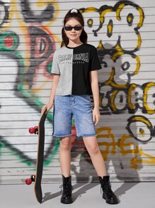 SHEIN Teen Girls Letter Graphic Two Tone Tee - Multicolor - View 5