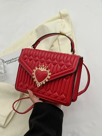 Bolso cuadrado con acolchado de corona y corazón, regalo perfecto para el Día de San Valentín para ella, la mejor elección de regalo de San Valentín, bolso de mujer con forma de corazón, que combina perfectamente con el vestido del Día de San Valentín