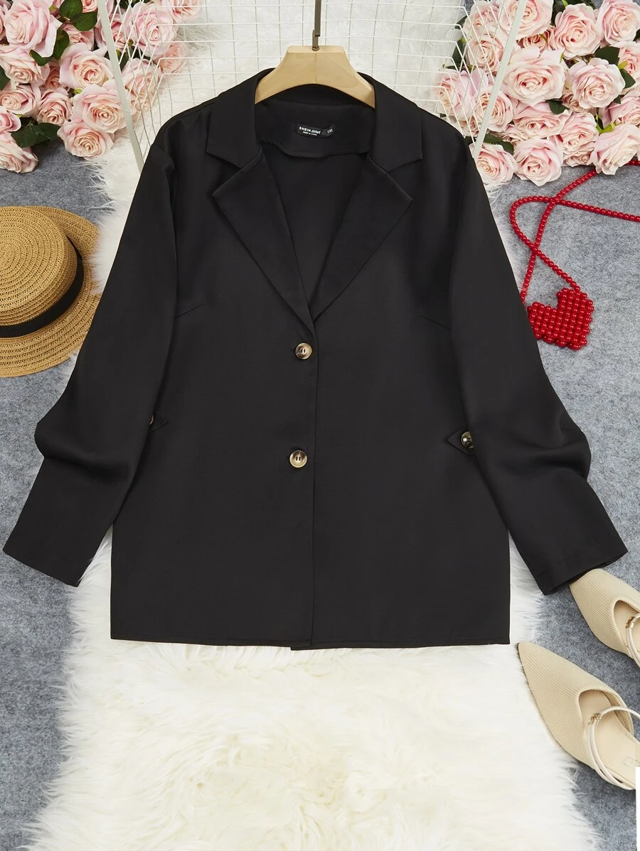 SHEIN LUNE Plus Lapel Neck Single Breasted Blazer - Black - View 1