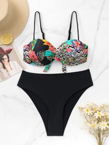 SHEIN Swim Plant Print Push Up Summer Beach Bikini Set - Multicolor - View 7
