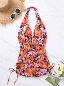 Floral Print Halter One Piece Swimsuit - Multicolor - View 3
