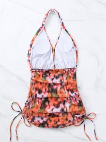 Floral Print Halter One Piece Swimsuit - Multicolor - View 4
