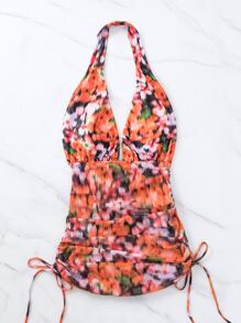 Floral Print Halter One Piece Swimsuit - Multicolor - View 5