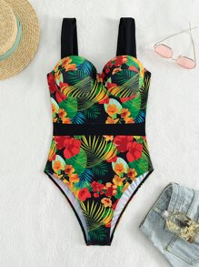 Tropical Print Push Up One Piece Swimsuit - Multicolor - View 3