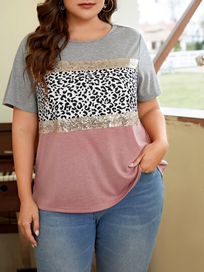 SHEIN LUNE Plus Leopard Print Colorblock Contrast Sequin Tee, Summer