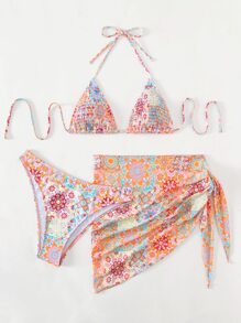 Floral Halter Triangle Summer Beach Bikini Set With Beach Skirt - Multicolor - View 7