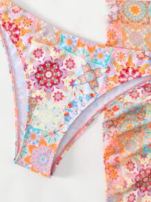 Floral Halter Triangle Summer Beach Bikini Set With Beach Skirt - Multicolor - View 4