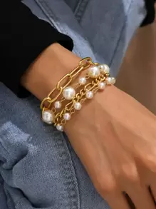 Faux Pearl Decor Layered Bracelet - Yellow Gold - View 1