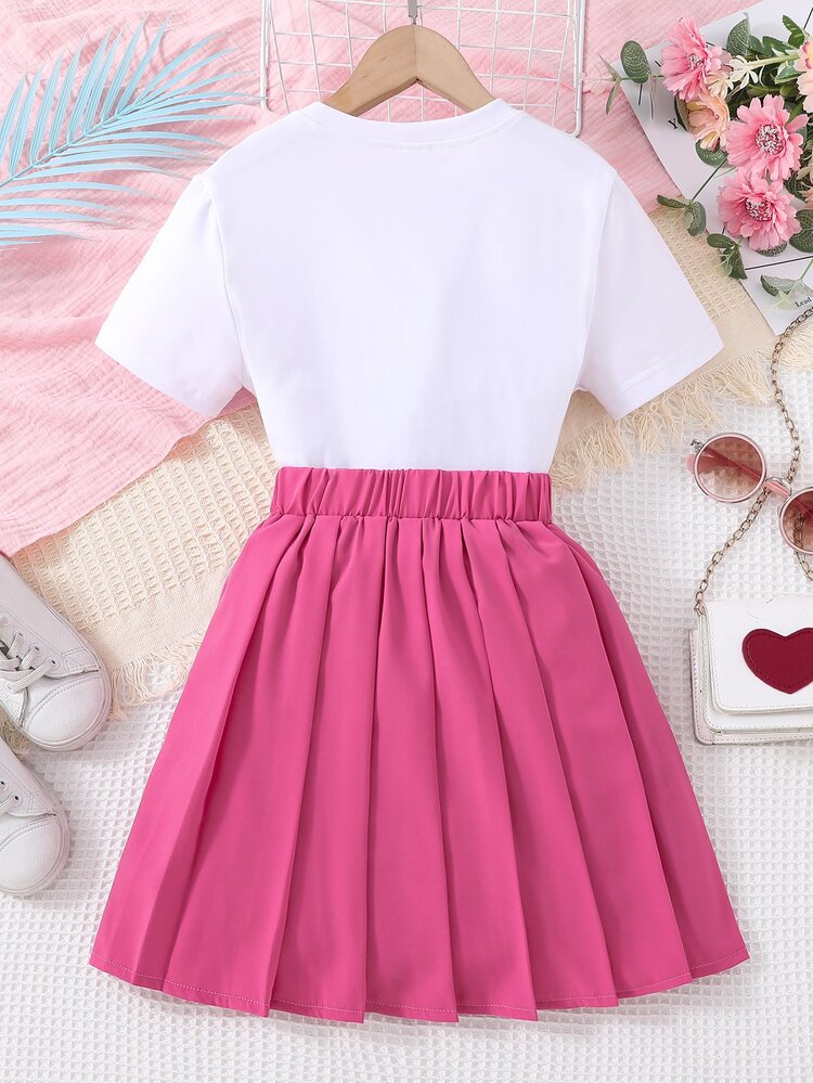 Tween Girl Slogan Graphic Tee & Pleated Skirt