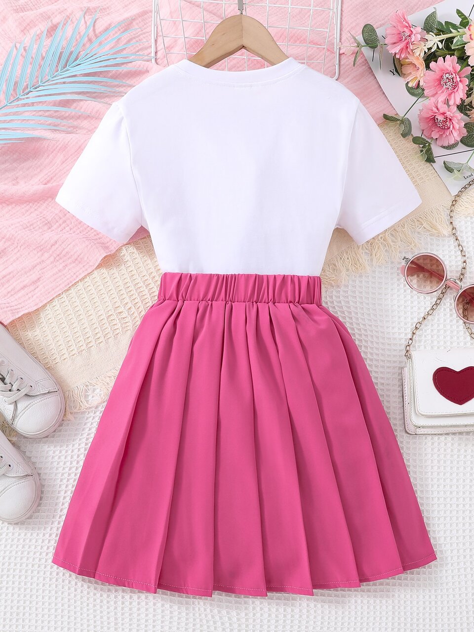 Tween Girl Slogan Graphic Tee & Pleated Skirt