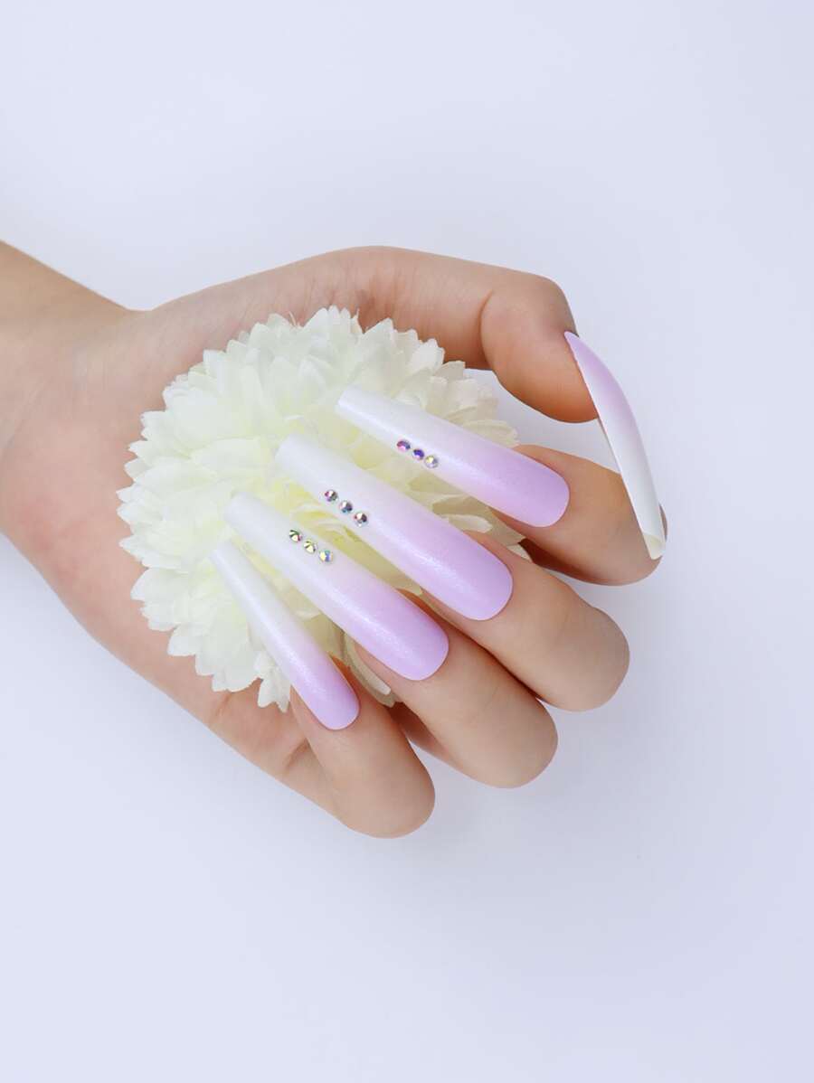 24pcs Long Coffin Ombre Rhinestone Decor Fake Nail & 1pc Nail File & 1sheet Tape - Multicolor - View 1