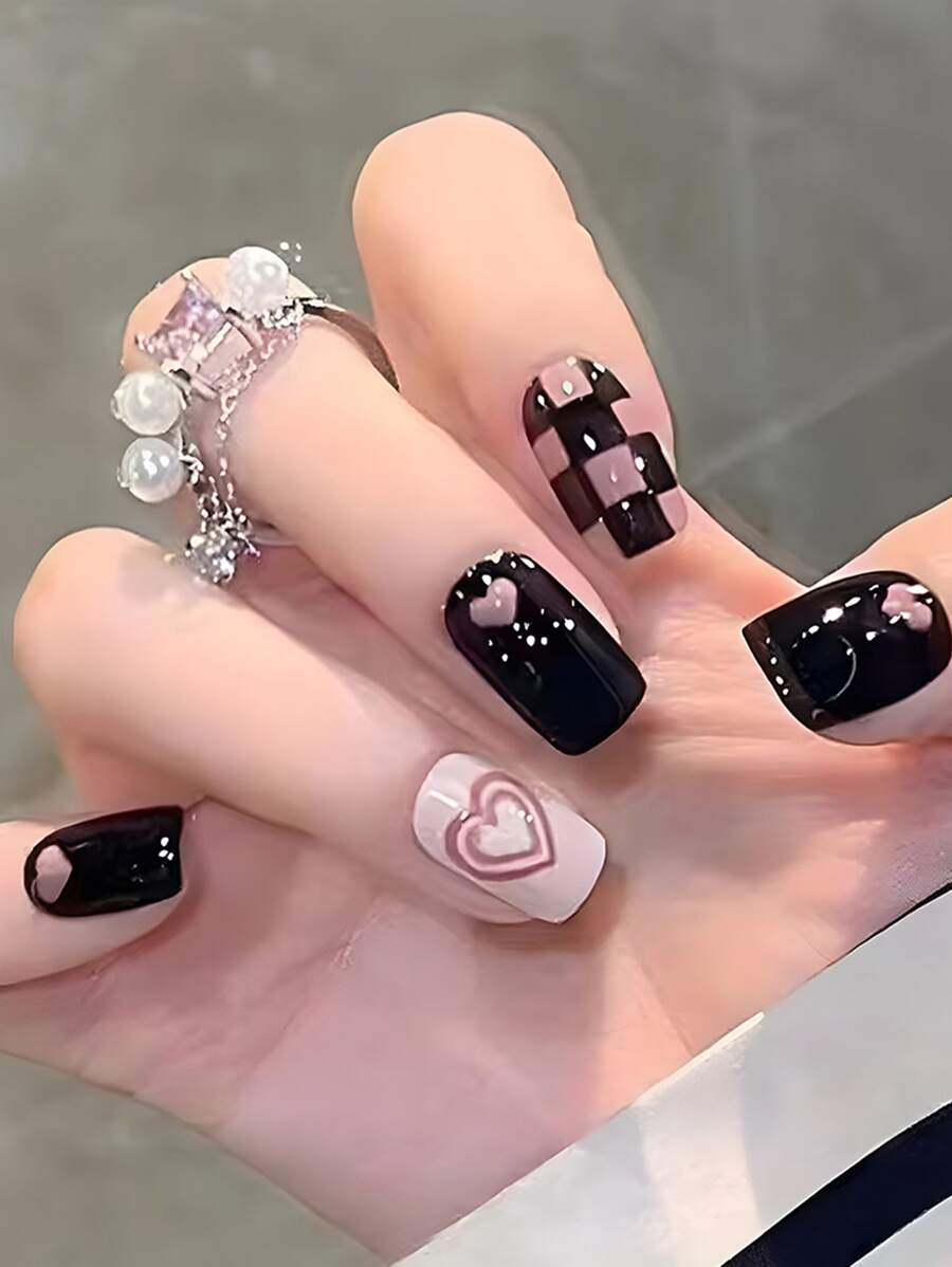Nâng cấp diện mạo của bạn với 24 chiếc Bộ móng tay giả họa tiết trái tim hình vuông dài - Nhiều màu - Xem 1