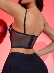 Glitter Binding Mesh Underwire Bra - Black - View 3