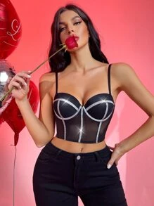 Glitter Binding Mesh Underwire Bra - Black - View 4