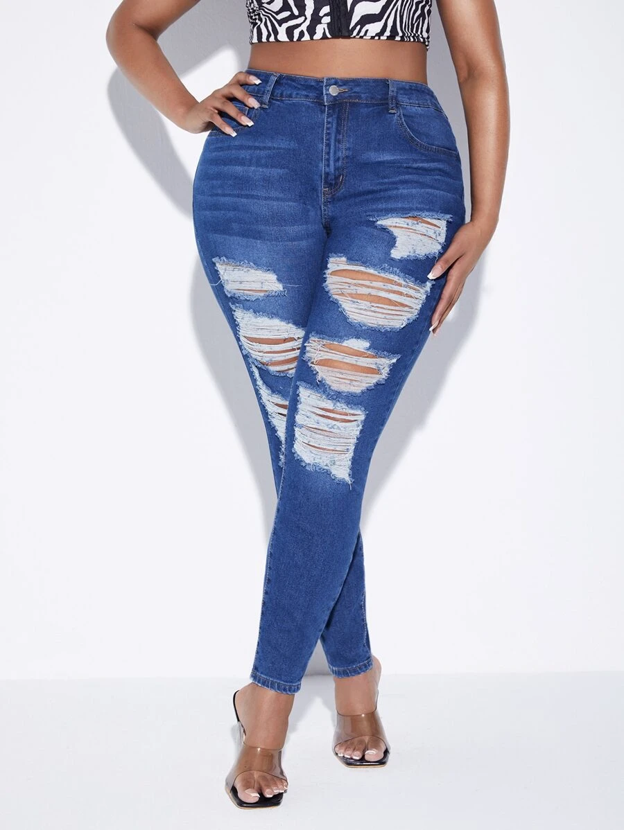 SHEIN Jeans ajustados desgarro de talle alto - Azul lavado oscuro - Ver 1