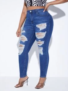 SHEIN Jeans ajustados desgarro de talle alto - Azul lavado oscuro - Ver 4