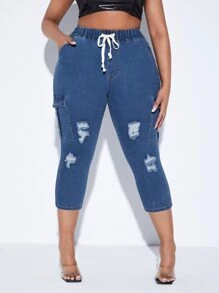 SHEIN Plus Drawstring Waist Ripped Frayed Flap Pocket Side Cargo Jeans - Medium Wash - View 1