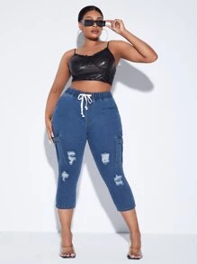 SHEIN Plus Drawstring Waist Ripped Frayed Flap Pocket Side Cargo Jeans - Medium Wash - View 4