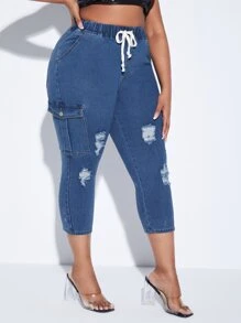 SHEIN Plus Drawstring Waist Ripped Frayed Flap Pocket Side Cargo Jeans - Medium Wash - View 5