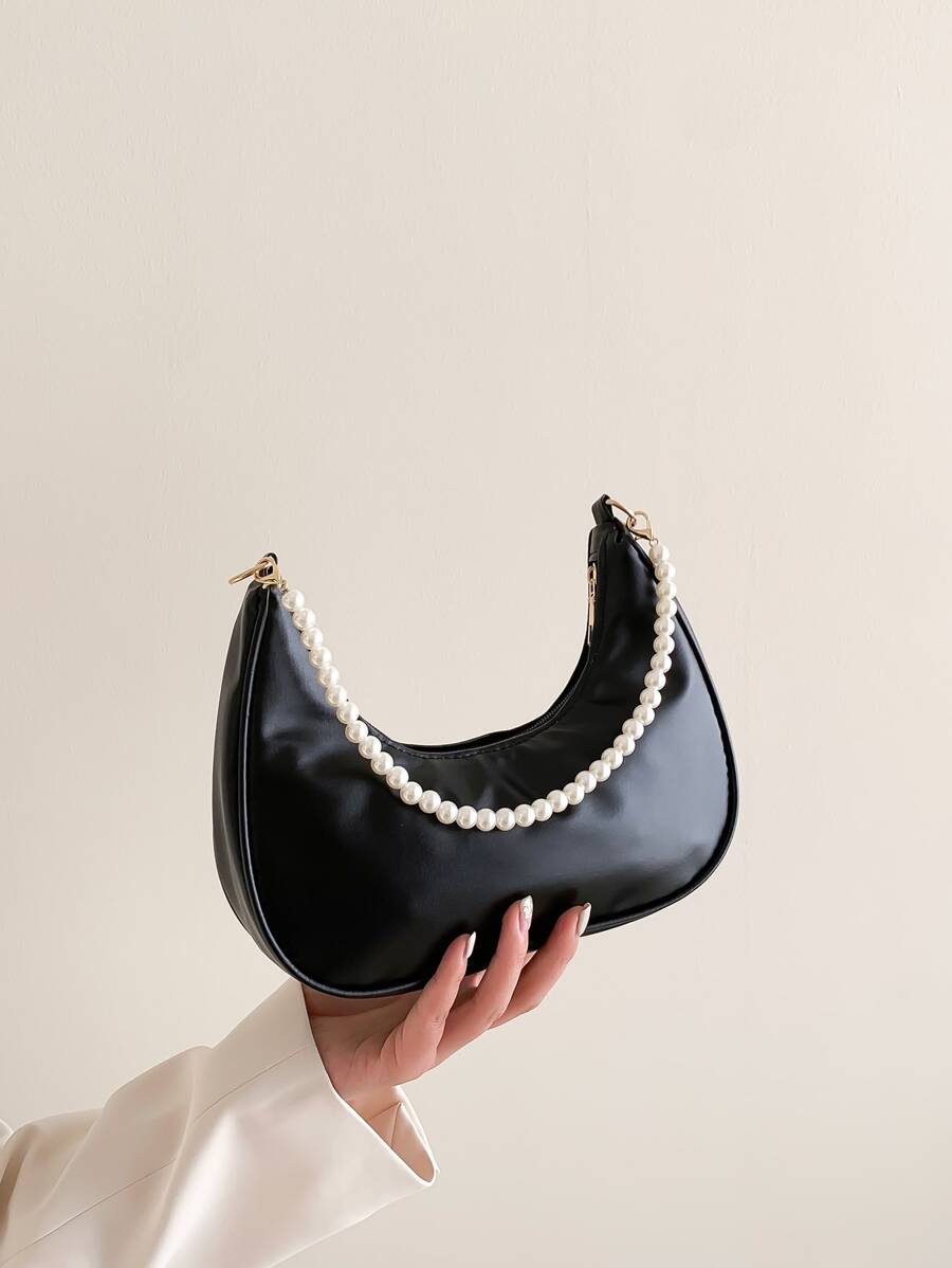 珍珠链月牙形纯色单肩包女士手提包 - 黑色 - 查看 1
