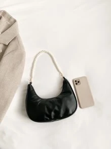 珍珠链月牙形纯色单肩包女士手提包 - 黑色 - 查看 3