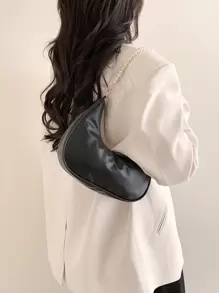 珍珠链月牙形纯色单肩包女士手提包 - 黑色 - 查看 5