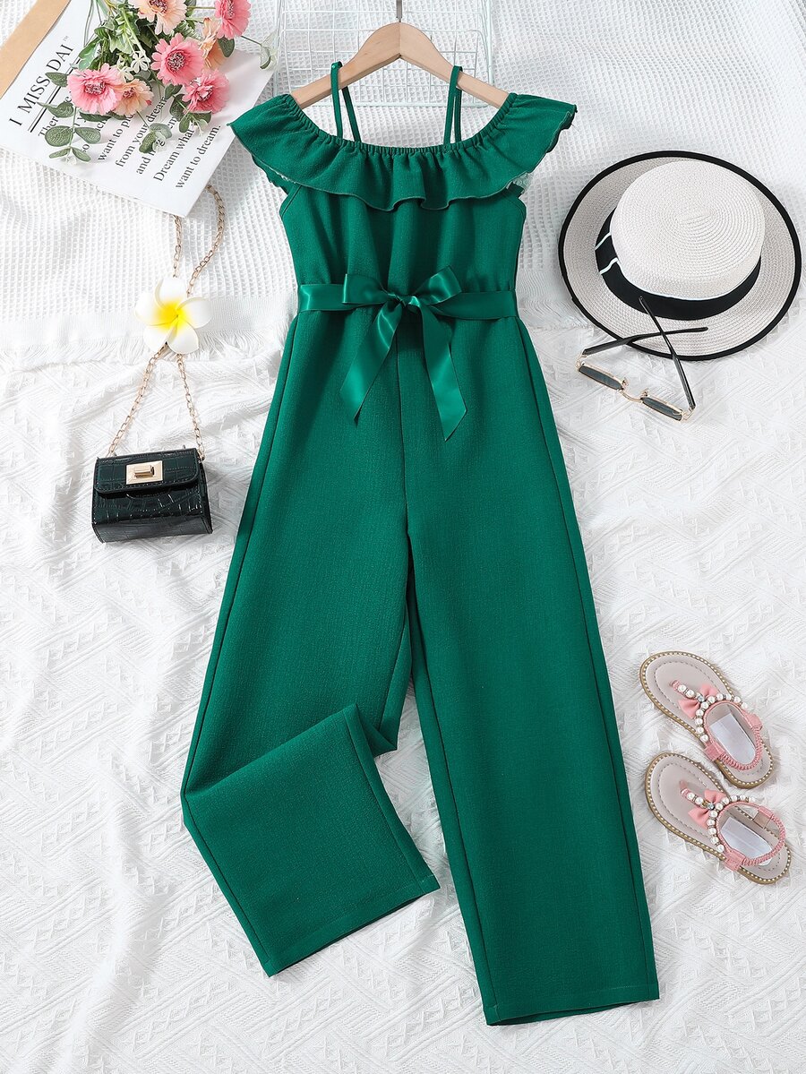 Chicas Mono de hombros descubiertos ribete con fruncido con cinturón - Verde Oscuro - Ver 1