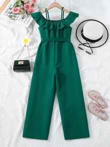 Chicas Mono de hombros descubiertos ribete con fruncido con cinturón - Verde Oscuro - Ver 2