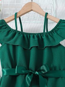 Chicas Mono de hombros descubiertos ribete con fruncido con cinturón - Verde Oscuro - Ver 5