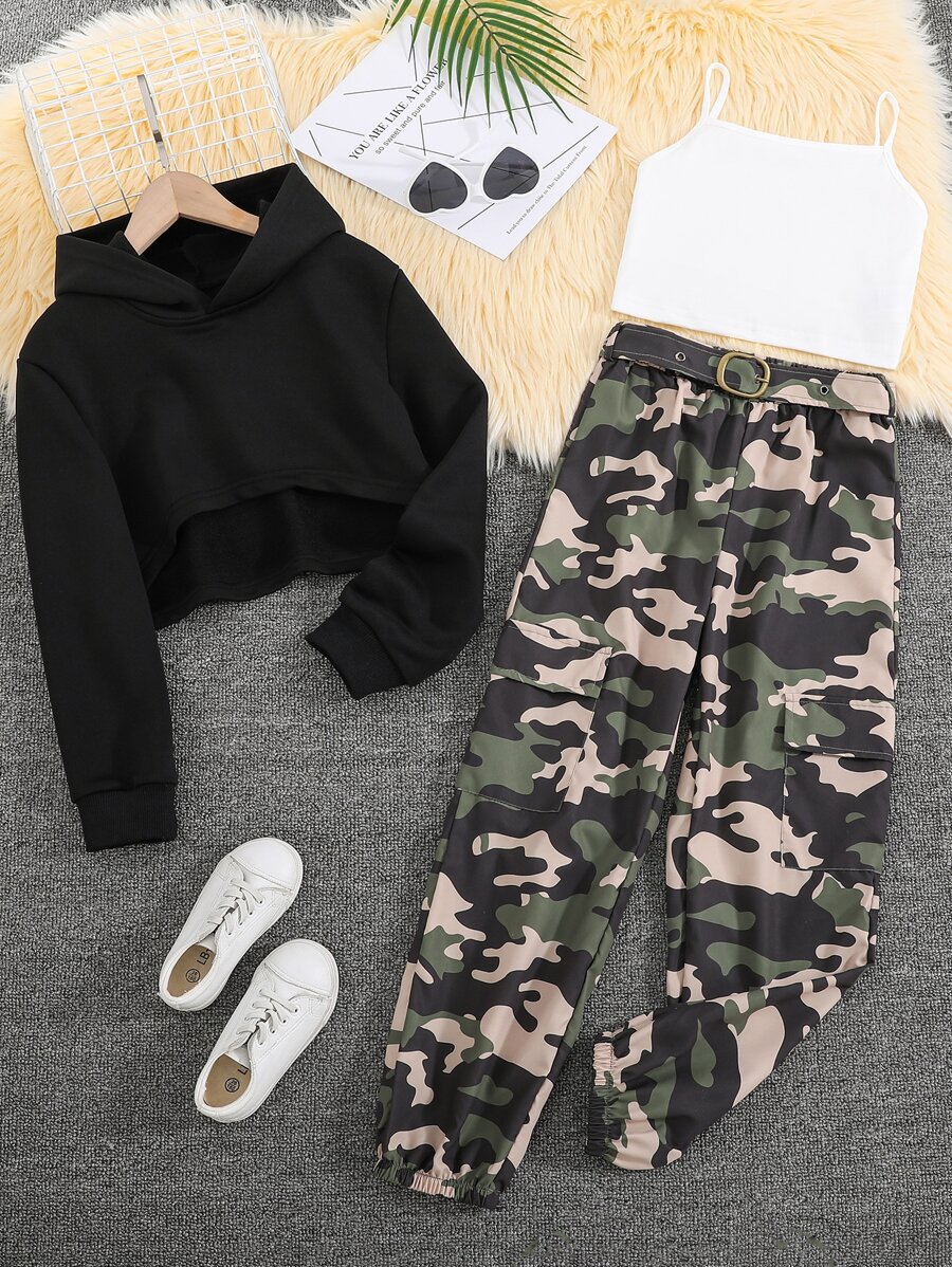 SHEIN garotas adolescentes bainha alta baixa Capuz & impressão de camuflagem Calças com top cami - Multicolorido - Ver 1