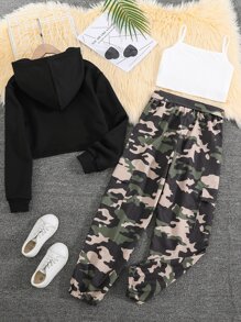 SHEIN garotas adolescentes bainha alta baixa Capuz & impressão de camuflagem Calças com top cami - Multicolorido - Ver 2
