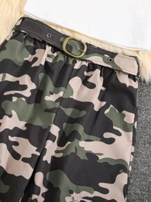 SHEIN garotas adolescentes bainha alta baixa Capuz & impressão de camuflagem Calças com top cami - Multicolorido - Ver 3