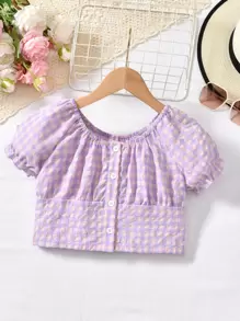 Girls Gingham Puff Sleeve Button Front Blouse - Multicolor - View 1