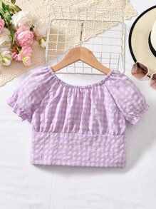 Girls Gingham Puff Sleeve Button Front Blouse - Multicolor - View 2
