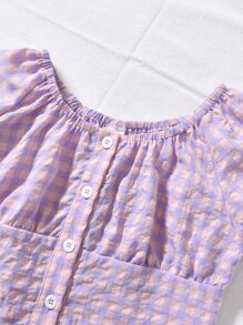 Girls Gingham Puff Sleeve Button Front Blouse - Multicolor - View 3