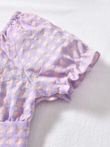 Girls Gingham Puff Sleeve Button Front Blouse - Multicolor - View 4