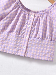 Girls Gingham Puff Sleeve Button Front Blouse - Multicolor - View 6