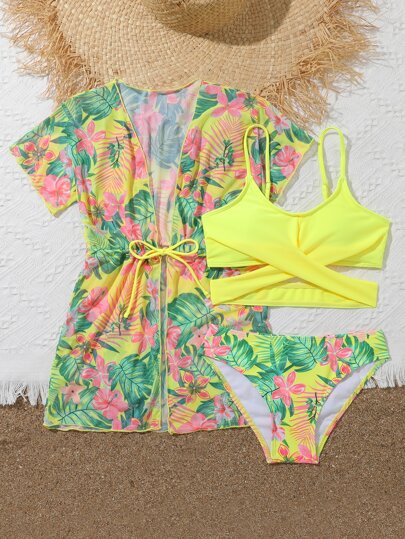 SHEIN Tween Girl 3packs Tropical Print Crisscross Bikini Set & Drawstring Waist Kimono Summer Beach Summer Holiday