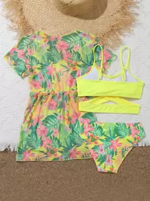 SHEIN Tween Girl 3 件装热带印花交叉比基尼套装和抽绳腰部和服夏季海滩 - 黃色 - 查看 2