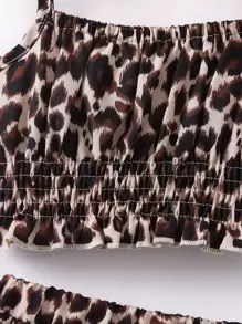 SHEIN Young Girl Leopard Print Casual Streetwear Tube Top With Spaghetti Straps And Shorts Set For Summer - Multicolor - View 5