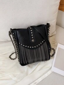 Fashion Rivet Chain Fringe Decor Crossbody Bag - Black - View 2