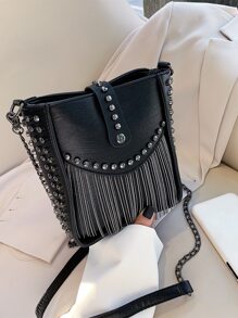 Fashion Rivet Chain Fringe Decor Crossbody Bag - Black - View 3