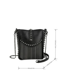 Fashion Rivet Chain Fringe Decor Crossbody Bag - Black - View 4